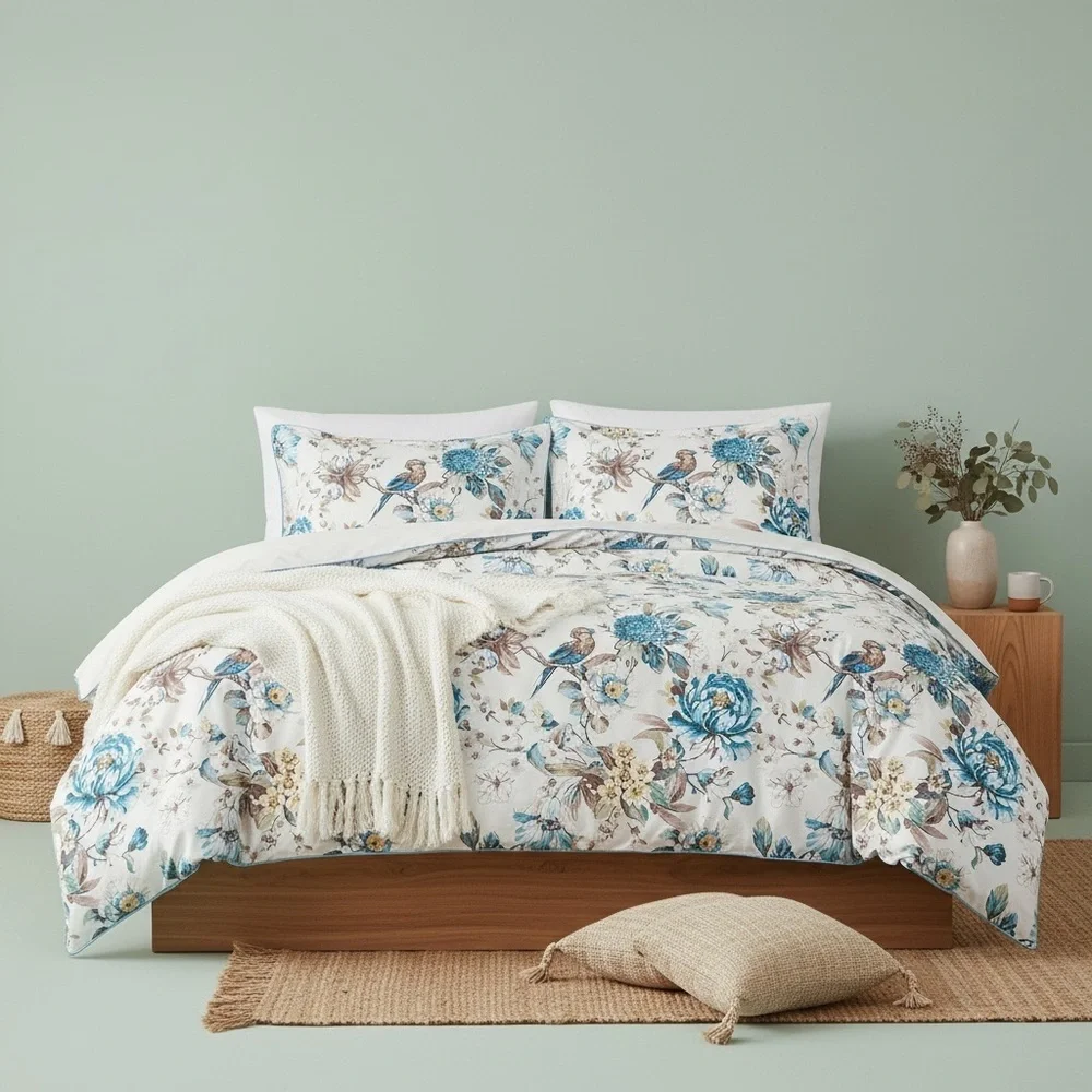 NEW Anthro White Blue Floral Bird Cotton Boho Queen King Bedding Duvet Sham Set - Picture 8 of 14